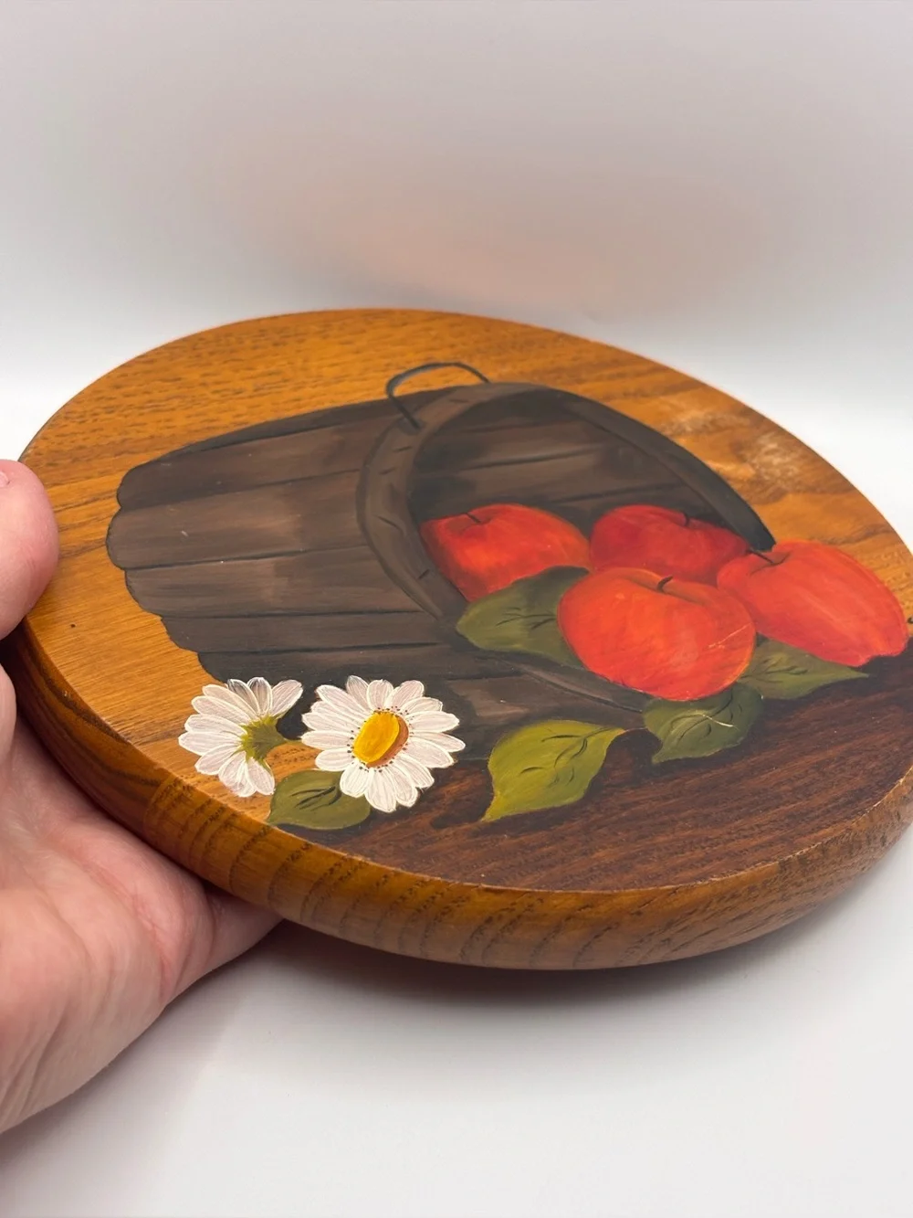 Vintage Hand-Painted Round Wooden Wall Plaque, Red Apples in Wooden Barrel
